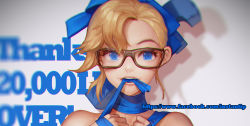 Rule 34 | bare shoulders, blonde hair, blue eyes, blurry, depth of field, hair ribbon, instant ip, long hair, looking at viewer, milestone celebration, mouth hold, naked ribbon, ribbon, ribbon in mouth, short hair, smile, solo, watermark, web address
