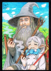 Rule 34 | 1boy, 1girl, absurdres, artist logo, beard, blue eyes, blue scarf, blush, closed eyes, coat, commentary, drop earrings, earrings, english commentary, facial hair, fanaticfrancis, forest, frieren, gandalf, grey hair, grey robe, hat, highres, holding, holding smoking pipe, holding staff, jewelry, long beard, long hair, long sleeves, nature, pointy ears, robe, scarf, sitting, sleeves past wrists, smoking, smoking pipe, sousou no frieren, staff, the lord of the rings, tolkien&#039;s legendarium, tolkien's legendarium, traditional media, wagon, white coat, wizard hat