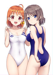 Rule 34 | absurdres, adjusting clothes, adjusting swimsuit, ahoge, blue eyes, blue one-piece swimsuit, braid, breasts, cleavage, commentary, commission, competition swimsuit, covered navel, cowboy shot, english commentary, grey hair, highres, linez, looking at viewer, love live!, love live! sunshine!!, medium breasts, one-piece swimsuit, open mouth, orange hair, pixiv commission, red eyes, ribbon, round teeth, short hair, side braid, simple background, smile, swimsuit, takami chika, teeth, upper teeth only, watanabe you, white background, white one-piece swimsuit, yellow ribbon