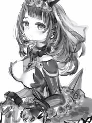 Rule 34 | 1girl, bad id, bad pixiv id, blush, breasts, chain, closed mouth, collar, cuffs, flower, greyscale, highres, hololive, horns, light smile, long sleeves, looking at viewer, medium breasts, metal collar, monochrome, nanashi (nlo), official alternate costume, roboco-san, roboco-san (dark bride), rose, simple background, smile, solo, veil, virtual youtuber, white background
