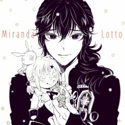 Rule 34 | 1girl, allen walker, character doll, character name, curly hair, d.gray-man, doll, hair between eyes, hoshino katsura, long hair, miranda lotto, monochrome, official art, simple background, smi, smile, snow, solo, text focus, timcanpy, uniform, upper body, white background