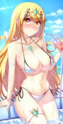 Rule 34 | 1girl, anisdrawn, bikini, blonde hair, breasts, cup, drinking glass, drinking straw, earrings, highres, jewelry, large breasts, long hair, looking at viewer, mythra (xenoblade), pool, sitting, skindentation, solo, swimsuit, xenoblade chronicles (series), xenoblade chronicles 2