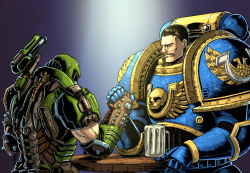 Rule 34 | 2boys, adeptus astartes, arm wrestling, armor, beer mug, biceps, black hair, blue armor, brown eyes, captain titus, clenched teeth, commentary, commentary request, crossover, cup, doom (series), doomguy, english commentary, gauntlets, green armor, looking at another, male focus, manly, mixed-language commentary, mug, multiple boys, muscular, muscular male, pauldrons, power armor, praetor suit, science fiction, short hair, shoulder armor, shoulder cannon, substance20, teeth, ultramarines, very short hair, warhammer 40k, warhammer 40k: space marine
