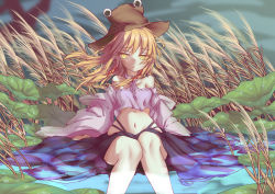 Rule 34 | 1girl, :o, alternate costume, black skirt, blonde hair, blouse, brown hat, crop top, feet out of frame, hair between eyes, hair ribbon, hat, highres, knees together feet apart, lcc, lily pad, looking to the side, medium hair, moriya suwako, navel, open mouth, plant, ribbon, shirt, sitting, skirt, solo, touhou, water, wheat field, white shirt, yellow eyes