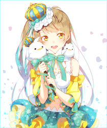 Rule 34 | 10s, 1girl, :d, bird, brown hair, crown, detached sleeves, hakusai (tiahszld), long hair, love live!, love live! school idol festival, love live! school idol project, minami kotori, navel, open mouth, ribbon, scepter, side ponytail, simple background, smile, solo, yellow eyes