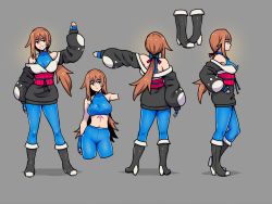 Rule 34 | 1girl, akairiot, bare shoulders, black footwear, blue pants, boots, brown hair, commentary, crop top, cropped legs, english commentary, grey background, hair ribbon, halterneck, highres, long hair, long sleeves, looking at viewer, multiple views, obi, off shoulder, original, pants, ponytail, puffy long sleeves, puffy sleeves, red ribbon, ribbon, samantha (admiral bahroo), sash, second-party source, shadow, simple background, standing, very long hair, wide shot