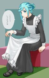 Rule 34 | 1boy, alternate costume, apron, apron lift, arm support, black footwear, buttons, clothes lift, commentary request, creatures (company), crossdressing, enmaided, frills, full body, game freak, green eyes, green hair, grusha (pokemon), hair bun, highres, lifted by self, long sleeves, maid, male focus, male maid, nintendo, pokemon, pokemon sv, shoes, signature, sitting, smile, solo, speech bubble, sweatdrop, translation request, white apron, yuu (hguy sv)