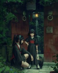 Rule 34 | 2girls, absurdres, black hair, black hakama, bracelet, cat, closed mouth, day, frown, gate, guweiz, hakama, hakama skirt, hand on own hip, headband, highres, japanese clothes, jewelry, long hair, long sleeves, multiple girls, original, outdoors, parted bangs, plant, ponytail, postbox, potted plant, puffy short sleeves, puffy sleeves, sash, shoes, short hair, short sleeves, skirt, socks, squatting, standing, water, waterfall, white legwear, wide shot, wide sleeves