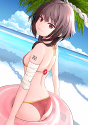 Rule 34 | 1girl, ass, back, bandaged arm, bandages, beach, bikini, blue sky, breasts, brown choker, brown hair, choker, closed mouth, commentary request, cowboy shot, day, from behind, gibun (sozoshu), halterneck, highres, holding, holding swim ring, innertube, kono subarashii sekai ni shukufuku wo!, long hair, looking at viewer, looking to the side, megumin, outdoors, red bikini, red eyes, revision, sky, small breasts, solo, standing, swim ring, swimsuit