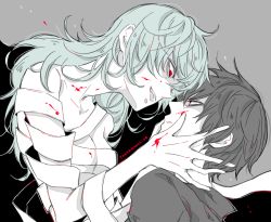 Rule 34 | 1boy, 1girl, awara kayu, bandages, black background, black reaper, blood, blood on face, collarbone, commentary request, copyright name, eto (tokyo ghoul), eye contact, face-to-face, grey background, hand on another&#039;s face, kaneki ken, long hair, long neck, looking at another, open mouth, red eyes, short hair, simple background, teeth, tokyo ghoul, tokyo ghoul:re, upper body, upper teeth only