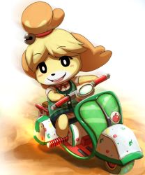 Rule 34 | 1girl, animal crossing, animal ears, blonde hair, blush, dagashi (daga2626), furry, furry female, gradient background, hair ornament, happy, isabelle (animal crossing), mario (series), mario kart, mario kart 8, motor vehicle, nintendo, scooter, smile, solo, sticker, vehicle, vespa
