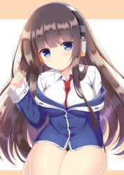 Rule 34 | 1girl, azur lane, between breasts, blue eyes, blue jacket, blush, breasts, brown background, brown hair, closed mouth, collared shirt, colored shadow, commentary request, drop shadow, headphones, highres, holding, jacket, kamishiro (rsg10679), large breasts, long hair, long island (azur lane), long sleeves, looking at viewer, mimikaki, necktie, necktie between breasts, red necktie, seiza, shadow, shirt, sitting, sleeves past wrists, smile, solo, thighs, two-tone background, very long hair, white background, white shirt