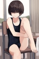 Rule 34 | 1boy, androgynous, bare arms, bare legs, bare shoulders, barefoot, black eyes, black hair, black one-piece swimsuit, black school swimsuit, brown eyes, brown hair, bulge, chair, classroom, closed mouth, collarbone, commentary request, covered navel, crossdressing, curtains, desk, eyes visible through hair, feet, foot out of frame, hair over eyes, highres, hugging own legs, indoors, knee up, leg up, looking at viewer, looking away, male focus, old school swimsuit, one-piece swimsuit, original, school desk, school swimsuit, short hair, sitting, solo, sunaba (nczd5875), swimsuit, table, thighs, toes, trap, window
