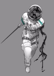 Rule 34 | 1other, astronaut, commentary request, creature, facing viewer, full body, gloves, grey background, grey gloves, handprint, helmet, highres, holding, holding sword, holding weapon, missing limb, nira (nira box), original, simple background, solo, space helmet, spacesuit, sword, weapon