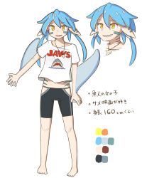 Rule 34 | 1girl, blue hair, character sheet, facial mark, female focus, grin, highres, jaws (movie), jewelry, monster girl, necklace, original, shark girl, sharp teeth, shirt, simple background, smile, smith.s, solo, standing, t-shirt, teeth, twintails, white background