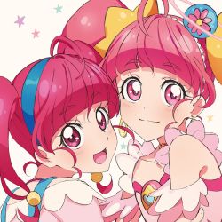 Rule 34 | 2girls, :d, blue hairband, closed mouth, commentary request, cure star, dual persona, earrings, hairband, highres, hoshina hikaru, jewelry, looking at viewer, magical girl, multiple girls, open mouth, pink eyes, pink hair, precure, smile, star twinkle precure, twintails, upper body, yufu kyouko