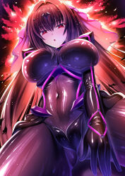 Rule 34 | 1girl, bodysuit, breasts, cameltoe, covered navel, fate/grand order, fate (series), hair between eyes, iro ame (amewaagada), large breasts, latex, latex bodysuit, long hair, looking at viewer, purple hair, red eyes, scathach (fate), shiny clothes, solo, sparkle, veil, very long hair