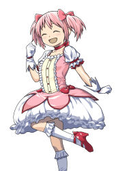 Rule 34 | 10s, 1girl, :d, bad id, bad pixiv id, blush, bow, choker, gloves, hair bow, kaname madoka, kaname madoka (magical girl), magical girl, mahou shoujo madoka magica, mahou shoujo madoka magica (anime), oda takayuki, open mouth, pink hair, simple background, smile, solo, standing, standing on one leg, white background, white gloves, white legwear