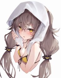 Rule 34 | 1girl, absurdres, arm under breasts, bare shoulders, bikini, blush, breasts, brown hair, commentary request, cropped torso, diieru, front-tie bikini top, front-tie top, girls&#039; frontline, hair between eyes, highres, jewelry, long hair, looking at viewer, necklace, parted lips, scar, scar across eye, simple background, small breasts, solo, swimsuit, towel, towel on head, twintails, ump45 (girls&#039; frontline), wet, wet hair, white background, yellow bikini