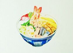 Rule 34 | bowl, colored pencil (medium), food, food focus, kaisendon, manmosu-0607, no humans, original, realistic, shrimp, simple background, still life, traditional media, white background