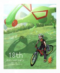 Rule 34 | 1boy, :d, absurdres, anniversary, beanie, bicycle, border, brendan (pokemon), brown eyes, commentary request, copyright name, creatures (company), dated, day, fingerless gloves, flygon, flying, game freak, gen 3 pokemon, gloves, grass, hat, highres, kotan (cho mateyo), looking up, male focus, nintendo, open mouth, outdoors, pants, pokemon, pokemon (creature), pokemon emerald, pokemon rse, riding, riding bicycle, shirt, shoes, short sleeves, smile, torchic, white border, white headwear