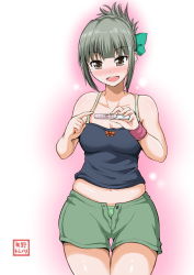 Rule 34 | 10s, 1girl, bare shoulders, brown eyes, folded ponytail, green hair, green panties, happy tears, kantai collection, long hair, navel, open mouth, panties, pregnancy test, pregnant, shorts, smile, solo, tank top, tears, underwear, wristband, yano toshinori, yuubari (kancolle)