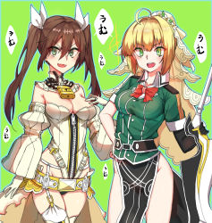 Rule 34 | 10s, 2girls, :d, absurdres, bad id, bad pixiv id, belt, blonde hair, breasts, brown hair, cleavage, cosplay, costume switch, detached sleeves, fate/extra, fate/extra ccc, fate (series), gloves, green eyes, groin, highres, holding, holding sword, holding weapon, kantai collection, leotard, lock, long hair, looking at viewer, multiple girls, nero claudius (bride) (fate), nero claudius (bride) (second ascension) (fate), nero claudius (fate), nero claudius (fate) (all), open mouth, pelvic curtain, saber bride (cosplay), smile, sword, tears, tone (kancolle), tone (kantai collection) (cosplay), trait connection, weapon, white gloves, wulazula
