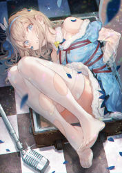 Rule 34 | 1girl, arms behind back, bare shoulders, blonde hair, blue dress, blue eyes, blue hairband, checkered floor, commentary request, dress, eyelashes, fur-trimmed dress, fur trim, girls&#039; frontline, glint, hairband, long hair, lying, microphone, official alternate costume, on side, shibari, shibari over clothes, solo, sparkle, suitcase, suomi (girls&#039; frontline), suomi (korvatunturi pixie) (girls&#039; frontline), teeth, thighhighs, torn clothes, torn thighhighs, white thighhighs, zuizi