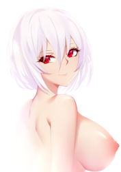 Rule 34 | 1girl, azur lane, bad id, bad pixiv id, breasts, hair between eyes, large breasts, looking at viewer, looking back, nipples, nude, red eyes, short hair, simple background, sirius (azur lane), smile, solo, toki to shishin, upper body, white background, white hair