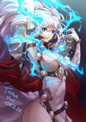 Rule 34 | 1girl, absurdres, alternate costume, arm up, armpits, artist name, book, breasts, cleavage, commission, commissioner upload, dated, deekei, dress, electricity, fire, fire emblem, fire emblem: genealogy of the holy war, fire emblem heroes, gloves, groin, highres, holding, holding book, ishtar (fire emblem), large breasts, light purple hair, nintendo, official alternate costume, pelvic curtain, purple eyes, thighs, white dress