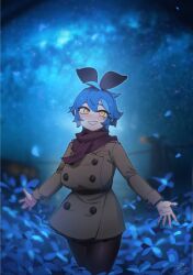 Rule 34 | 1girl, ahoge, black hairband, black skirt, black sweater, blue flower, blue hair, blurry, blurry background, blush, bow hairband, breasts, brown coat, brown jacket, brown pantyhose, coat, commentary, depth of field, dif (difman), difman, english commentary, field, flower, flower field, hairband, highres, jacket, large breasts, looking at viewer, mole, mole under eye, multicolored hair, night, night sky, original, outstretched arms, pantyhose, pleated skirt, pov dating, purple scarf, scarf, short hair, skirt, sky, smile, solo, star (sky), star (symbol), starry background, starry sky, streaked hair, sweater, turtleneck, turtleneck sweater, two-tone hair