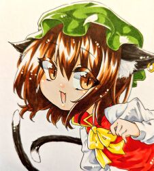 Rule 34 | 1girl, :d, animal ear fluff, animal ears, baketanundk, bow, bowtie, brown eyes, brown hair, cat ears, cat tail, chen, earrings, ears down, fang, flat chest, gold trim, green hat, hair between eyes, hand up, hat, jewelry, leaning forward, long sleeves, looking at viewer, looking to the side, mob cap, multiple tails, nekomata, open mouth, red vest, short hair, simple background, single earring, skin fang, slit pupils, smile, solo, tail, touhou, traditional media, two tails, upper body, vest, white background, yellow bow, yellow bowtie