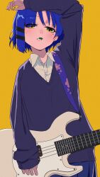 Rule 34 | 1girl, absurdres, arm up, bass guitar, blonde hair, blue cardigan, blue hair, blue skirt, bocchi the rock!, cardigan, collared shirt, dress shirt, film grain, highres, holding, holding bass, holding instrument, holding plectrum, instrument, long sleeves, looking at viewer, pleated skirt, plectrum, school uniform, shimokitazawa high school uniform, shinaq, shirt, short hair, simple background, skirt, sleeves past wrists, solo, standing, teeth, upper body, white shirt, yamada ryo, yellow background, yellow eyes