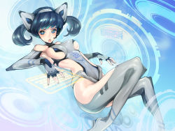 Rule 34 | 1girl, armpits, black hair, blue eyes, breasts, elbow gloves, fingerless gloves, gloves, hitowa, legs, original, science fiction, short hair, short twintails, solo, twintails