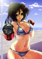 Rule 34 | 1girl, bikini, black hair, blue bikini, breasts, can, cleavage, cloud, day, drink can, giving, green eyes, highres, holding, large breasts, navel, open mouth, original, ponytail, shiny skin, short hair, sitting, sky, smile, soda can, solo, sousakubito, sparkle, strap gap, striped bikini, striped clothes, swimsuit, tin can