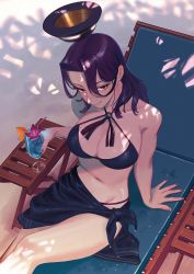Rule 34 | 1girl, beach chair, bikini, breasts, chair, cleavage, cup, drinking straw, dripping, flower, food, from above, fruit, hair between eyes, halo, hibiscus, highres, holding, kantai collection, large breasts, lips, long hair, mechanical halo, mole, mole under eye, nail polish, navel, o-ring, o-ring bikini, orange (fruit), purple eyes, purple hair, sarong, sitting, smile, solo, swimsuit, tatsuta (kancolle), water, wet, wet clothes, yue (tada no saboten)