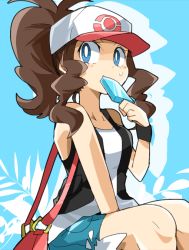 10s brown_hair creatures_(company) denim denim_shorts eating food game_freak hat hilda_(pokemon) ice_cream nintendo nono_(norabi) pokemon pokemon_bw shorts sitting