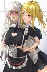 Rule 34 | 2girls, absurdres, alternate costume, azur lane, blonde hair, blue eyes, blush, bracelet, grabbing another&#039;s breast, breast hold, breasts, cleavage, cleavage cutout, clothing cutout, commission, crossover, enmaided, feet out of frame, grabbing, graf zeppelin (azur lane), hair between eyes, hair ornament, hairclip, hands on own chest, heart cutout, highres, implied yuri, jewelry, large breasts, long hair, looking at another, maid, metroid, misa pika, multiple girls, nintendo, open mouth, pixiv commission, ponytail, red eyes, samus aran, silver hair, simple background, smile, standing, teeth, zero suit