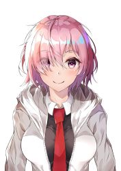 Rule 34 | 1girl, absurdres, atora, eyes visible through hair, fate/grand order, fate (series), hair between eyes, hair over one eye, highres, hood, hood down, hooded jacket, jacket, looking at viewer, mash kyrielight, necktie, open clothes, open jacket, pink hair, purple eyes, red necktie, short hair, simple background, smile, solo, upper body, white background