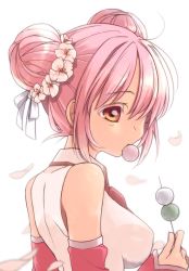 Rule 34 | 1girl, breasts, dango, detached sleeves, double bun, eating, flower, food, hair flower, hair ornament, hatsune miku, lr., mouth hold, petals, pink hair, sakura miku, solo, vocaloid, wagashi, white background, yellow eyes