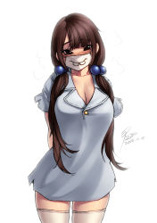 Rule 34 | 1girl, arms behind back, bad id, bad pixiv id, blush, breasts, brown hair, cleavage, dress, full-face blush, hair bobbles, hair ornament, large breasts, long hair, looking at viewer, low twintails, mask, mouth mask, naidong (artist), original, short dress, solo, surgical mask, thighhighs, twintails, zettai ryouiki