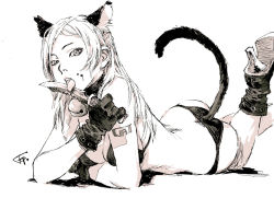 Rule 34 | 1girl, animal ears, ass, bikini, boots, breasts, cat (confidential assassination troop), cat ears, cat tail, cleavage, collar, confidential assassination troop, fcp, feet out of frame, gloves, knife, licking, licking blade, licking weapon, pinup (style), shoes, solo, swimsuit, tail, tongue, weapon