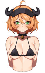 Rule 34 | 1girl, ahoge, arknights, bare shoulders, bell, bikini, black bikini, black choker, blush, breasts, choker, collarbone, commentary request, covered erect nipples, croissant (arknights), cropped torso, female focus, green eyes, hair between eyes, hanenosaki, highres, horns, large breasts, looking at viewer, neck bell, orange hair, short hair, simple background, smile, solo, stomach, swimsuit, upper body, visor cap, white background