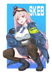 Rule 34 | 1girl, black gloves, black panties, blue background, boots, breasts, collared shirt, commentary request, commission, earrings, full body, girls&#039; frontline, gloves, goggles, goggles on head, hair ornament, hairclip, highres, jacket, jewelry, kukurus, large breasts, long hair, looking at viewer, mole, mole under eye, open mouth, panties, pink hair, red eyes, shirt, sig mcx (girls&#039; frontline), skeb commission, skirt, smile, solo, squatting, thighhighs, underwear, white shirt