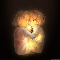 Rule 34 | androgynous, artist name, black background, brown hair, chara (undertale), closed eyes, constricted pupils, crying, crying with eyes open, dripping, frisk (undertale), gender request, glowing, hands on another&#039;s cheeks, hands on another&#039;s face, heart, highres, ozumii, parted lips, red eyes, shirt, simple background, sparkle, spoilers, striped clothes, striped shirt, tears, undertale, upper body