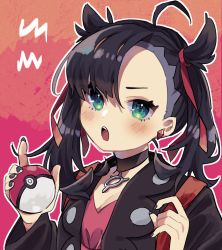Rule 34 | 1girl, :o, absurdres, ahoge, asymmetrical bangs, bad id, bad pixiv id, black hair, black nails, blush, breasts, choker, cleavage, creatures (company), dress, earrings, eyelashes, game freak, green eyes, hair ribbon, hands up, highres, holding, holding poke ball, holding strap, jacket, jewelry, looking at viewer, marnie (pokemon), nail polish, nintendo, open clothes, open jacket, open mouth, outline, pink dress, poke ball, poke ball (basic), pokemon, pokemon swsh, red ribbon, ribbon, sakurai (saku 3193), solo, teeth, tongue, two side up, upper body, upper teeth only