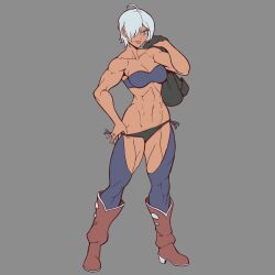 Rule 34 | 1girl, abs, angel (kof), backless pants, blue eyes, bra, breasts, chaps, cleavage, crop top, cropped jacket, crotch cutout, fingerless gloves, gloves, hair over one eye, highres, jacket, large breasts, leather, leather jacket, looking at viewer, midriff, muscular, muscular female, navel, panties, pants, revealing clothes, short hair, smile, snk, solo, strapless, strapless bra, the king of fighters, the king of fighters xiv, toned, underwear, white hair