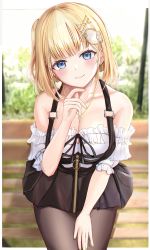 Rule 34 | 1girl, absurdres, bare shoulders, bench, blonde hair, blue eyes, blush, breasts, brown pantyhose, cleavage, earrings, efuri (riarea00), finger to own chin, frills, hair ornament, hairclip, heart, heart earrings, highres, hololive, hololive english, jewelry, medium breasts, one side up, pantyhose, park bench, short hair, sitting, skirt, smile, solo, virtual youtuber, watson amelia, watson amelia (street casual), zipper