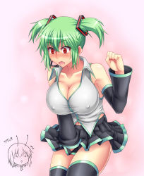 Rule 34 | 2girls, blush, breasts, chibi, chibi inset, cleavage, cosplay, detached sleeves, covered erect nipples, female focus, green hair, hatsune miku, hatsune miku (cosplay), headset, highres, huge breasts, kazami yuuka, multiple girls, pleated skirt, red eyes, short hair, skirt, surume (clavis), thighhighs, thighs, touhou, twintails, vocaloid, wind, wind lift, wriggle nightbug