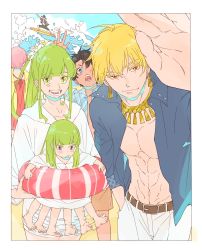 Rule 34 | 1girl, 4boys, abs, black hair, blonde hair, blue eyes, colored eyelashes, edmond dantes (fate), enkidu (fate), fate/grand order, fate (series), flower, fujimaru ritsuka (male), fujimaru ritsuka (male) (tropical summer), gilgamesh, gilgamesh (caster) (fate), gilgamesh (establishment) (fate), gilgamesh (fate), green hair, hair flower, hair ornament, hawaiian shirt, high ponytail, highres, innertube, kingu (fate), looking at another, male focus, mash kyrielight, multiple boys, official alternate costume, open clothes, pants, photo (medium), purple eyes, red eyes, shirt, surfboard, surfing, swim ring, swimsuit, tan, tassel, tropical summer (fate), water, waves, white pants, yp (yuppenta2)